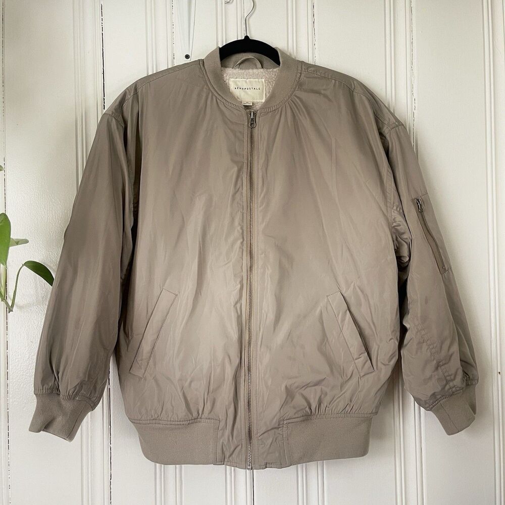 Aeropostale Women Sage Green Oversized Sherpa Lined Zip Bomber Jacket Size XS